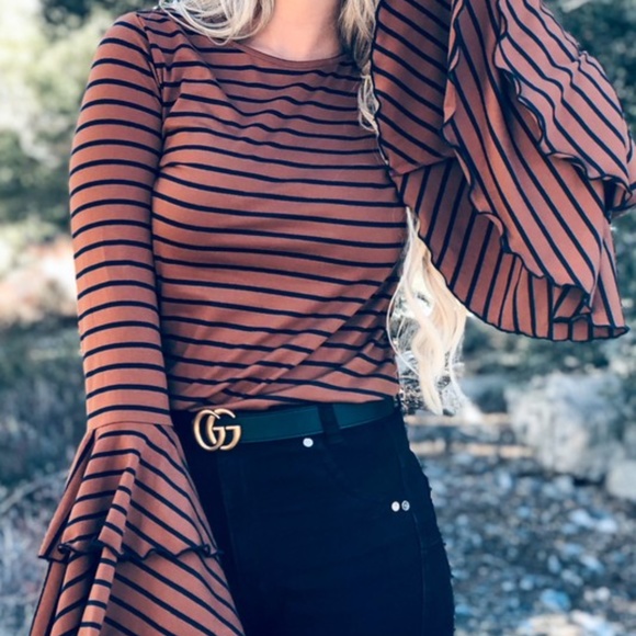 044 Boho Stripes Bell Sleeve Ruffle Top - Picture 8 of 9